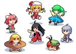  6+girls ahoge animal_ears ascot bandages black_hair blonde_hair book bow brown_hair bun_cover cat_ears cat_tail chen chibi chinese_clothes cuffs daiyousei detached_sleeves double_bun dress earrings flandre_scarlet flower green_eyes green_hair hair_ribbon hakama hat ibaraki_kasen japanese_clothes jewelry long_hair m.u.g.e.n morichika_rinnosuke moriya_suwako multiple_girls multiple_tails nekomata no_eyewear nontraditional_miko open_mouth original pink_hair red_eyes red_hakama ribbon rose sendai_hakurei_no_miko short_hair side_ponytail silver_hair simple_background skirt smile tabard tail touhou white_background wings yellow_eyes yin_yang z.o.b 