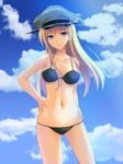  bare_shoulders bikini bismarck_(kantai_collection) black_bikini blonde_hair blue_eyes blue_sky breasts cloud collarbone contrapposto cowboy_shot day groin hands_on_hips hat kantai_collection long_hair looking_at_viewer medium_breasts military_hat navel peaked_cap sky solo standing swimsuit takepon 