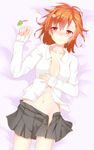  blush brown_eyes brown_hair gekota hair_ornament hairclip highres lying md5_mismatch misaka_mikoto navel open_clothes open_shirt patryzark shirt short_hair to_aru_kagaku_no_railgun to_aru_majutsu_no_index 