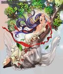  back barefoot dress green_eyes hair_ornament jewelry leaf long_hair lying million_arthur_(series) on_stomach purple_hair see-through solo soojie_roh tree 