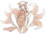  animal_ears barefoot blush covering_mouth dress feet fox_ears fox_tail highres kuro_suto_sukii long_sleeves looking_at_viewer monochrome multiple_tails no_hat no_headwear sketch solo spot_color spread_legs tabard tail touhou yakumo_ran 