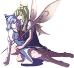  ascot barefoot blue_bow blue_dress blue_hair bow cirno closed_eyes crack cuts daiyousei death dress fairy_wings frozen green_eyes green_hair hair_bow ice impaled injury mefomefo multiple_girls neck_ribbon ofuda ponytail puffy_short_sleeves puffy_sleeves red_ribbon ribbon shirt short_hair short_sleeves side_ponytail simple_background sleeveless sleeveless_shirt stick touhou white_background white_shirt wing_collar wings 