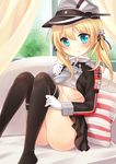  anchor_hair_ornament aqua_eyes areola_slip areolae black_legwear blonde_hair blush breasts couch curtains gloves hair_ornament hat kantai_collection large_breasts looking_at_viewer nikoo peaked_cap prinz_eugen_(kantai_collection) shirt_lift sitting smile solo thighhighs twintails underboob window 