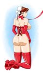  ass bluebullpen blush boots breasts bun_cover chun-li collar corset double_bun earrings elbow_gloves from_behind gloves highres jewelry large_breasts leash looking_back red_legwear smile street_fighter thigh_boots thighhighs 