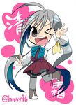  &gt;_o ;d ahoge chibi hinamiya_(hnmy46) kantai_collection kiyoshimo_(kantai_collection) long_hair looking_at_viewer low_twintails one_eye_closed open_mouth pantyhose school_uniform silver_eyes silver_hair smile solo translation_request twintails 