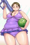  blush braid breasts brown_eyes brown_hair cameltoe cleavage fat food fruit fukabori_sumiyo hair_over_shoulder large_breasts long_hair melon nipples one-piece_swimsuit orizen saki single_braid solo swimsuit 