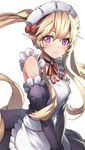  1girl [saw] blonde_hair blush closed_mouth female headdress long_hair looking_at_viewer maid maid_headdress maid_outfit myucel_foalan outbreak_company pointy_ears purple_eyes smile solo straight_hair twintails 