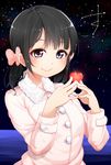  black_hair blush bow buttons coat copyright_request hair_bow heart holding long_sleeves looking_at_viewer ocean purple_eyes red_disappointment short_twintails sky smile solo star_(sky) starry_sky twintails winter_clothes winter_coat 