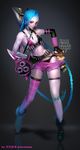  1girl asymmetrical_clothes bandaid bandaid_on_clothes bandaid_on_knee bandolier bare_shoulders black_gloves braid breasts elbow_gloves full_body gloves highres jinnazalea jinx_(league_of_legends) league_of_legends lips long_hair mismatched_gloves mismatched_legwear navel pale_skin plaid plaid_legwear red_eyes short_shorts shorts single_elbow_glove single_thighhigh skindentation small_breasts standing tattoo teemo thigh_strap thighhighs twin_braids twitter_username very_long_hair 