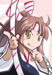 :p aiming arrow bow_(weapon) brown_hair drawing_bow headband holding holding_arrow holding_bow_(weapon) holding_weapon kantai_collection left-handed looking_at_viewer mizuki_hitoshi muneate outstretched_arm ponytail sketch smile solo tongue tongue_out v-shaped_eyebrows weapon yellow_eyes zuihou_(kantai_collection) 