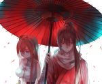  1girl 91_(968087) bad_id bad_pixiv_id blue_eyes brown_hair chinese_clothes gintama holding holding_umbrella japanese_clothes kagura_(gintama) long_hair okita_sougo orange_hair oriental_umbrella petals red_eyes scarf shared_umbrella short_hair umbrella upper_body 