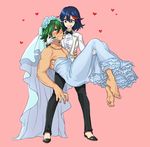  1girl barefoot black_hair blush bow bowtie bridal_veil carrying crossdressing dress formal green_hair heart hetero highres jewelry kill_la_kill looking_at_another matoi_ryuuko necklace pants princess_carry role_reversal sanageyama99 sanageyama_uzu short_hair smirk suit veil wedding_dress white_dress 