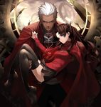  1girl archer black_hair blue_eyes carrying dark_skin fate/stay_night fate_(series) green_eyes long_hair long_legs looking_at_viewer smile tef thighhighs toosaka_rin two_side_up white_hair 