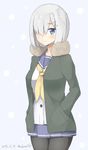  black_legwear blue_eyes blue_skirt blush cowboy_shot dated fur_coat hair_over_one_eye hamakaze_(kantai_collection) hand_in_pocket kantai_collection looking_at_viewer neckerchief pantyhose pleated_skirt sailor_collar school_uniform serafuku short_hair silver_hair skirt smile solo sui_(tsuruhibiki) twitter_username yellow_neckwear 