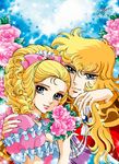  absurdres androgynous artist_name blonde_hair blue_eyes bouquet bow choker drill_hair flower frills gem hair_bow hair_ribbon hand_on_another's_shoulder high_ponytail highres holding marco_albiero marie_antoinette_(versailles_no_bara) multiple_girls official_style oscar_francois_de_jarjayes pink_bow pink_flower pink_lips pink_rose puffy_short_sleeves puffy_sleeves ribbon rose short_sleeves signature sparkle versailles_no_bara 