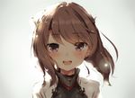  aida_takanobu bad_id bad_pixiv_id blush brown_eyes brown_hair close-up headband headgear kantai_collection lens_flare looking_at_viewer open_mouth portrait smile solo taihou_(kantai_collection) 