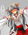  absurdres blush choker commentary_request detached_sleeves from_below grey_eyes hair_ornament hairband hairclip haruna_(kantai_collection) highres kantai_collection long_hair looking_at_viewer nontraditional_miko orange_eyes simple_background sketch solo translated tsukui_kachou 