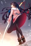  black_hair black_legwear black_serafuku blush boots coat green_eyes hair_ribbon hazuki_gean katana legs long_hair looking_at_viewer looking_back minato_touka original pantyhose ribbon school_uniform serafuku skirt solo sword touran-sai very_long_hair weapon 