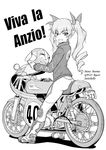  alternate_costume anchovy drill_hair girls_und_panzer greyscale ground_vehicle hair_ribbon helmet italian long_hair looking_at_viewer monochrome motor_vehicle motorcycle motorcycle_helmet muchabou ranguage ribbon solo translated twin_drills twintails white_background 