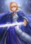 absurdres ahoge armor armored_dress artoria_pendragon_(all) blonde_hair blue_cape braid cape damaged dress excalibur fate/stay_night fate_(series) french_braid gauntlets green_eyes hair_ribbon highres md5_mismatch ribbon saber solo sunday-zjy 