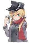  anchor_hair_ornament aqua_eyes blonde_hair blush breath hair_ornament hat iron_cross jacket kantai_collection looking_at_viewer military military_hat military_jacket military_uniform no_gloves peaked_cap prinz_eugen_(kantai_collection) red_scarf roll_okashi scarf simple_background solo starbucks twintails uniform upper_body white_background 