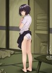  ass barefoot black_eyes black_hair blush cigarette highres indoors kobayashi_yuuji looking_at_viewer looking_back miniskirt original panties pleated_skirt polo_shirt short_hair skirt skirt_lift solo standing table underwear white_panties 