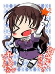  &gt;_&lt; :d ashigara_(kantai_collection) blush_stickers brown_hair checkered checkered_background chibi closed_eyes hairband hinamiya_(hnmy46) kantai_collection long_hair looking_at_viewer open_mouth pantyhose pointing pointing_up smile solo translation_request twitter_username xd 