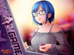  arcade_cabinet bare_shoulders blue_eyes blue_hair bra_strap breasts bunny_girl carrot commentary energy_gun game_cg geta glasses highres huniepop japanese_clothes kimono large_breasts nikki_ann-marie ninamo obi off-shoulder_sweater official_art playing_games ray_gun ribbed_sweater sash short_hair solo star sweater ufo watermark weapon 