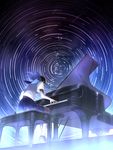  alchiaki black_hair grand_piano highres instrument long_hair original piano piano_bench polaris_(star) school_uniform serafuku solo star_trail 