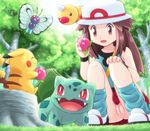  1girl ^_^ berry blue_(pokemon) brown_eyes brown_hair bulbasaur butterfree eating eyes_closed fangs grass hat long_hair loose_socks no_panties open_mouth pecha_berry pikachu pokemoa pokemon pokemon_(game) red_eyes sitting skirt socks squatting tree tree_stump upskirt weedle wristband 