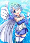  ;d armband blue_eyes blue_hair cape foreshortening gloves hair_ornament hairclip magical_girl mahou_shoujo_madoka_magica mahou_shoujo_madoka_magica_movie miki_sayaka one_eye_closed open_mouth regress smile solo soul_gem thighhighs thumbs_up water zettai_ryouiki 