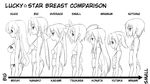  6+girls bikini blush bust_chart chart female flat_chest glasses hard_translated hiiragi_kagami hiiragi_tsukasa iwasaki_minami izumi_konata kobayakawa_yutaka kuroi_nanako lineup long_hair lucky_star monochrome multiple_girls panties profile ribbon short_hair siblings sisters sketch swimsuit takara_miyuki translated twins twintails underwear yuuji 