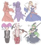  6+girls alice_margatroid blue_eyes character_name dirty doll doll_joints dress fang_out formal frilled_skirt frills fujiwara_no_mokou green_hair grin hat highres hinanawi_tenshi horns kijin_seija lance long_hair mefomefo mima miracle_mallet multiple_girls necktie ofuda pant_suit pants payday_(series) payday_2 pickaxe polearm puppet_rings puppet_strings purple_hair rip shanghai_doll shirt short_hair sketch skirt smile staff star suit suspenders touhou touhou_(pc-98) weapon wizard_hat yellow_eyes 