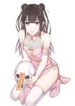  1girl bad_id bad_pixiv_id bare_shoulders black_hair china_dress chinese_clothes double_bun dress flat_chest hair_bun heisei_yutorin long_hair looking_at_viewer open_mouth original purple_eyes skull solo thighhighs white_background white_thighhighs 