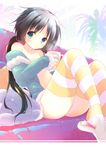  black_hair blue_eyes couch cup holding long_hair looking_at_viewer mug natsuki_coco navel no_panties original pillow sitting solo striped striped_legwear sweater thighhighs twintails 