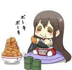  :t akagi_(kantai_collection) b-man bauxite bowl brown_eyes brown_hair bucket chibi cushion drinking_straw drum_(container) eating japanese_clothes kantai_collection long_hair md5_mismatch muneate pillow puchimasu! simple_background sitting solo translated very_long_hair wavy_mouth white_background yellow_eyes 