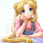  arm_support bad_id bad_pixiv_id bare_shoulders bishoujo_senshi_sailor_moon bishoujo_senshi_sailor_moon_crystal blonde_hair blue_eyes collarbone double_bun kotikomori long_hair looking_at_viewer off_shoulder overalls shirt smile solo tsukino_usagi twintails upper_body very_long_hair 