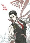  artist_name black_hair copyright_name gloves joseph_oda male_focus necktie no_eyewear red_eyes signature solo tentacles tentacles_with_male the_evil_within vest waistcoat wing556 
