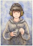  bangs brown_hair headphones highres hood hood_down hoodie light_smile listening_to_music napooritan original sennheiser short_hair solo traditional_media walkman watercolor_(medium) 