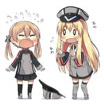  2girls anchor_hair_ornament bare_shoulders bismarck_(kantai_collection) black_legwear black_ribbon blonde_hair blush chibi closed_eyes crying detached_sleeves flying_sweatdrops grey_legwear hair_ornament hair_ribbon hat hat_removed headwear_removed iron_cross kantai_collection kurono_nekomaru long_hair long_sleeves military military_uniform multiple_girls open_mouth peaked_cap prinz_eugen_(kantai_collection) ribbon shadow simple_background tears thighhighs twintails uniform wavy_mouth white_background 