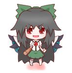  :d ashikiri black_hair black_wings bow control_rod hair_bow hair_ribbon highres long_hair looking_at_viewer open_mouth red_eyes reiuji_utsuho ribbon smile solo touhou v-shaped_eyebrows wings 