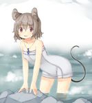  akagashi_hagane animal_ears bent_over collarbone gem grey_hair jewelry looking_at_viewer mouse_ears mouse_tail naked_towel nazrin necklace onsen open_mouth pendant pink_eyes smile solo tail touhou towel water 