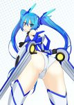  1girl armor ass bare_shoulders bent_over blue_eyes blue_hair blush bodysuit from_behind from_below gauntlets hifumi long_hair looking_at_viewer looking_back ore_twintail_ni_narimasu shiny shiny_clothes shiny_skin solo tail_blue tailblue thighhighs tsube_aika very_long_hair white_legwear 