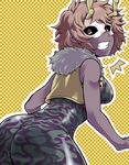  1girl ashido_mina ass bangs bare_shoulders black_sclera boku_no_hero_academia breasts buttons checkered checkered_background clenched_teeth cowboy_shot domino_mask from_side fur_trim horns looking_at_viewer looking_back mask medium_breasts nasubino open_clothes open_vest outline pink_hair purple_skin short_hair skin_tight solo surprised teeth unitard vest yellow_background yellow_eyes 