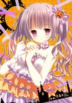  bare_shoulders blush candy food food_themed_hair_ornament frills hair_ornament hair_ribbon holding lollipop long_hair looking_at_viewer natsuki_coco original pumpkin_hair_ornament purple_eyes ribbon silver_hair solo swirl_lollipop twintails 