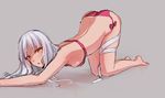  all_fours ass bad_id bad_tumblr_id barefoot blush bra breasts caren_hortensia fate/hollow_ataraxia fate_(series) long_hair noccu panties ribbon sideboob small_breasts solo thigh_ribbon top-down_bottom-up underwear underwear_only white_hair 