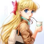  aino_minako bad_id bad_pixiv_id bag bangs bishoujo_senshi_sailor_moon bishoujo_senshi_sailor_moon_crystal blonde_hair blue_eyes blush bow brown_jacket casual cup disposable_cup drinking drinking_straw earrings eyelashes from_side gradient gradient_background grey_background hair_bow half_updo heart heart_earrings holding holding_cup jacket jewelry kotikomori long_hair looking_at_viewer mouth_hold red_bow shoulder_bag sleeves_past_elbows solo upper_body very_long_hair 