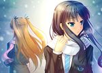  aqua_eyes black_hair blush breath brown_hair hair_ribbon long_hair looking_away miyai_sen multiple_girls necktie ogiso_setsuna ribbon scarf school_uniform snow touma_kazusa two_side_up upper_body white_album_2 