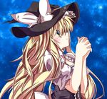  alternate_hair_length alternate_hairstyle bad_id bad_pixiv_id black_vest blonde_hair blush bow determined from_side hands_clasped hat hat_bow hikobae interlocked_fingers kirisame_marisa long_hair looking_up night night_sky own_hands_together reflective_eyes sash shirt sky solo star_(sky) starry_sky touhou tsurime upper_body very_long_hair vest white_bow white_shirt witch_hat yellow_eyes 