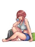  backpack bag barefoot blush breasts brown_eyes brown_hair camera cellphone cleavage full_body large_breasts midriff navel open_mouth phone rozen_maiden short_hair short_shorts shorts simple_background sitting solo souseiseki tank_top tsuda_nanafushi white_background 